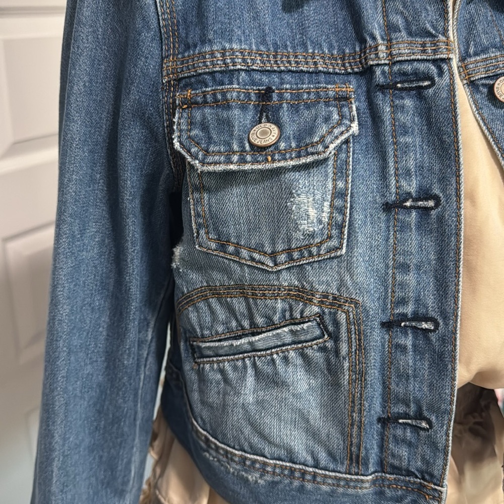 Old Navy Cropped Blue Denim Jacket Elbow Patch Medium - Picture 8 of 11